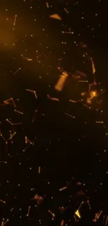 Golden particles against dark background, abstract wallpaper.