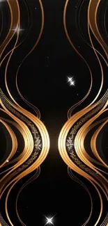 Golden abstract wallpaper with elegant curved designs on a black background.