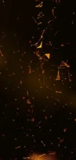 Golden particles with geometric shapes on dark background.