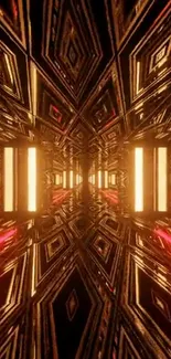 Golden abstract tunnel art with mirrored lights.