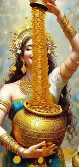 Goddess pouring gold coins from vase in vibrant artwork.