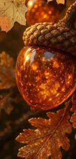 Golden acorn surrounded by autumn leaves in warm hues.