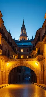 Golden-lit alleyway at dusk with towering spire in the background.