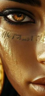 Close-up of a face with golden artistic highlights and an intense gaze.