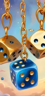 Golden and blue dice hanging against a dreamy sky.