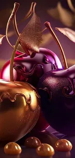 Golden and purple cherries with metallic leaves on a mobile wallpaper.