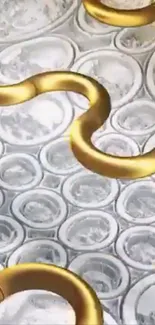 Gold spirals on textured silver background.