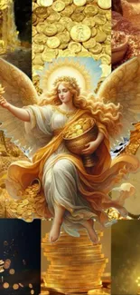Golden angel surrounded by treasures and coins in artistic illustration.