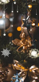 Golden angel ornament on Christmas tree with festive lights.