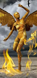 Golden angel with fiery wings in a fantasy setting.