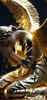 Kneeling golden angel statue with wings, glowing in dark background.