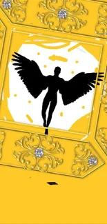 Black angel silhouette with golden frame art.