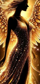Stunning golden angel silhouette with shimmering wings and dress.