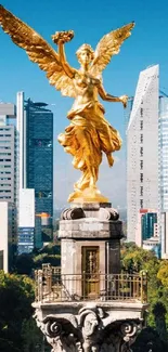 Golden angel statue with cityscape skyline.