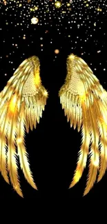 Golden angel wings on black background with glittering accents.