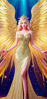 Golden angel with radiant wings on a cosmic background.