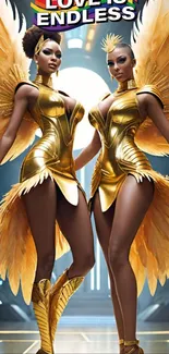 Wallpaper of elegant golden angels in a futuristic setting with stunning fashion.