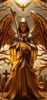 Golden angelic guardian with wings holding a staff, surrounded by celestial symbols.