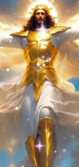 Angelic figure in golden armor surrounded by radiant light.