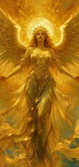 Golden angelic figure with radiant wings.