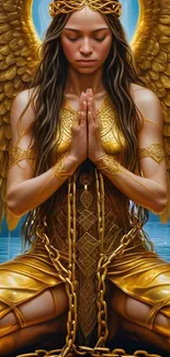 Golden angel with wings meditating peacefully.