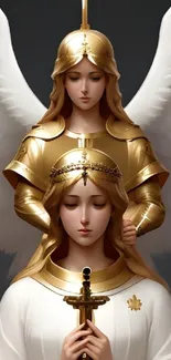 Angelic figures with golden armor and wings.
