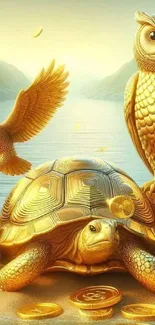 Golden animals art with turtle, owl, and coins.