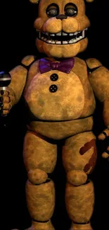 Golden animatronic bear holding a microphone in dark background.