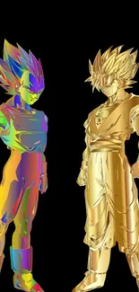 Golden and multicolored anime characters on a black background mobile wallpaper.