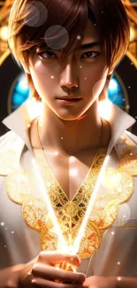 Anime character in gold attire with glowing elements; vibrant and detailed design.