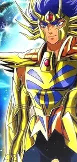 Golden armored anime hero with cosmic backdrop.