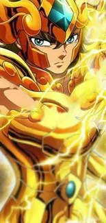 Golden anime warrior with electric energy in vibrant art style.