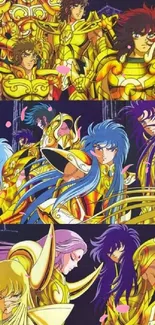 Golden-armored anime warriors in vibrant colors.