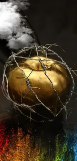 Golden apple with barbed wire on dark background with colorful hues.