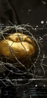 Golden apple wrapped in barbed wire with cyber elements on dark background.