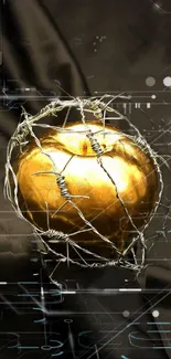 Golden apple wrapped in wire with digital overlay on a dark background mobile wallpaper.