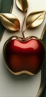 Golden apple with leaves on elegant background.