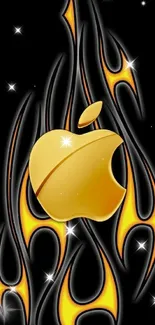 Golden apple logo with flames on black mobile wallpaper.