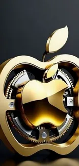 3D gold apple logo with intricate gear design on a dark background.