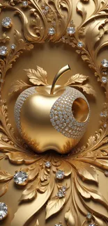 Golden apple with jewels on ornate design background.