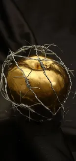 Golden apple wrapped in barbed wire with dark background.