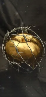 Golden apple wrapped in barbed wire on dark background.