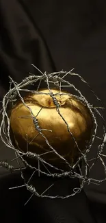 Golden apple wrapped in barbed wire on dark cloth.