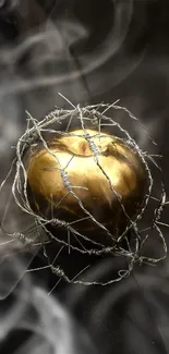 Golden apple wrapped in barbed wire on a dark fabric backdrop.