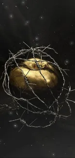 Golden apple encircled by barbed wire against a dark background.