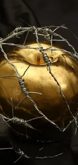 Golden apple wrapped in barbed wire against a dark background.