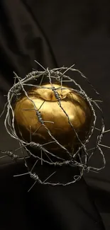 Golden apple wrapped in barbed wire on a dark background.