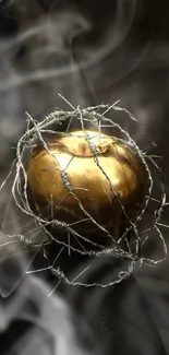 Golden apple wrapped in barbed wire on a black background.