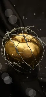 Golden apple wrapped in barbed wire on a dark surface.