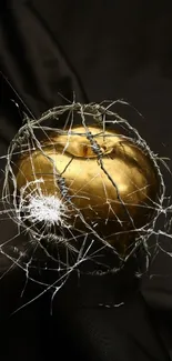 Golden apple entangled in barbed wire on a black background.